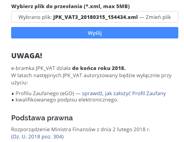 WAPRO JPK. Portal mikro-jpk.mf.gov.pl, informacja o pobranym pliku, przycisk &quot;Wyślij&quot;