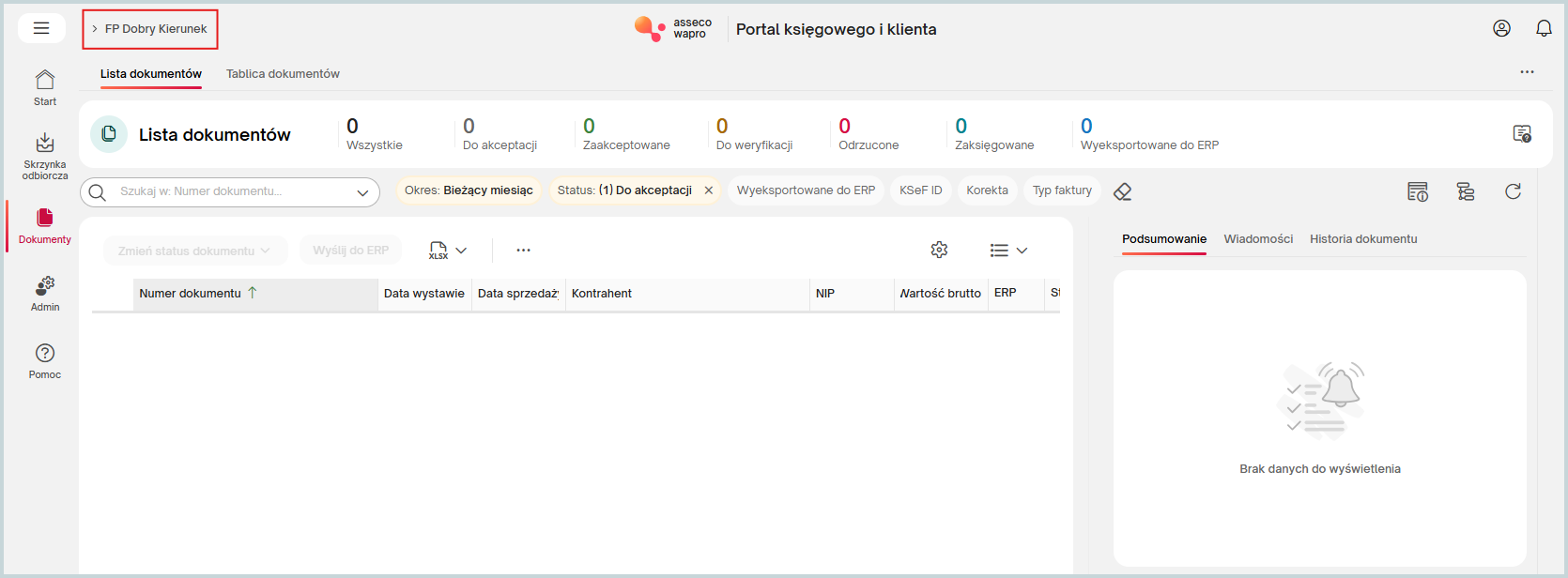 Portal Księgowego i Klienta eBiuro – widok firmy po integracji z Wapro ERP na liście dokumentów umożliwiający wymianę dokumentów między biurem rachunkowym a klientem