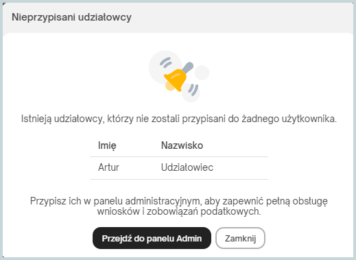 Informacja o nieprzypisanych udziałowcach w Portalu Księgowego i Klienta eBiuro z możliwością przejścia do panelu administracyjnego w celu przypisania udziałowców do użytkowników firmy