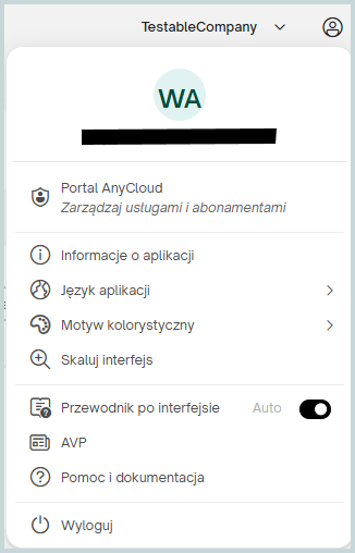 Menu profilu użytkownika w Portalu Księgowego i Klienta eBiuro z dostępem do usług AnyCloud, ustawień aplikacji, dokumentacji oraz zarządzania kontem użytkownika
