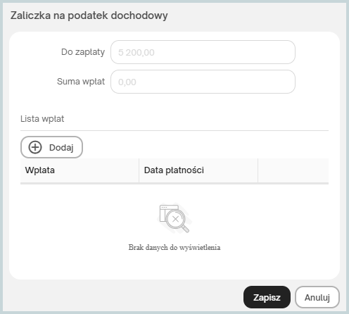 Dodawanie wpłaty do zaliczki na podatek dochodowy w Portalu Klienta eBiuro – rejestrowanie płatności podatkowych, ewidencja wpłat oraz monitorowanie rozliczenia zobowiązań podatkowych firmy