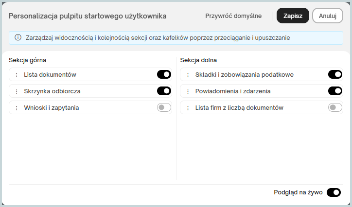 Personalizacja pulpitu startowego w Portalu Księgowego i Klienta eBiuro – konfiguracja widoczności kafelków dokumentów, skrzynki odbiorczej, wniosków i zapytań, zobowiązań podatkowych oraz powiadomień użytkownika