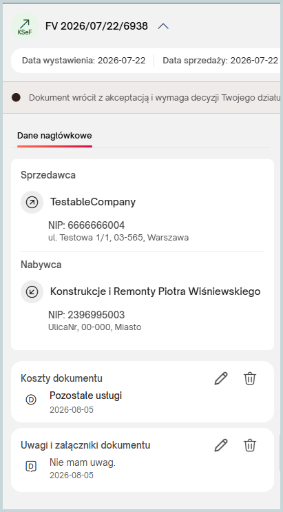 Szczegóły dokumentu w eBiuro – dane kontrahenta, koszty dokumentu, uwagi i załączniki do faktury KSeF oraz obsługa procesu akceptacji i księgowania dokumentów zintegrowanych z Wapro ERP