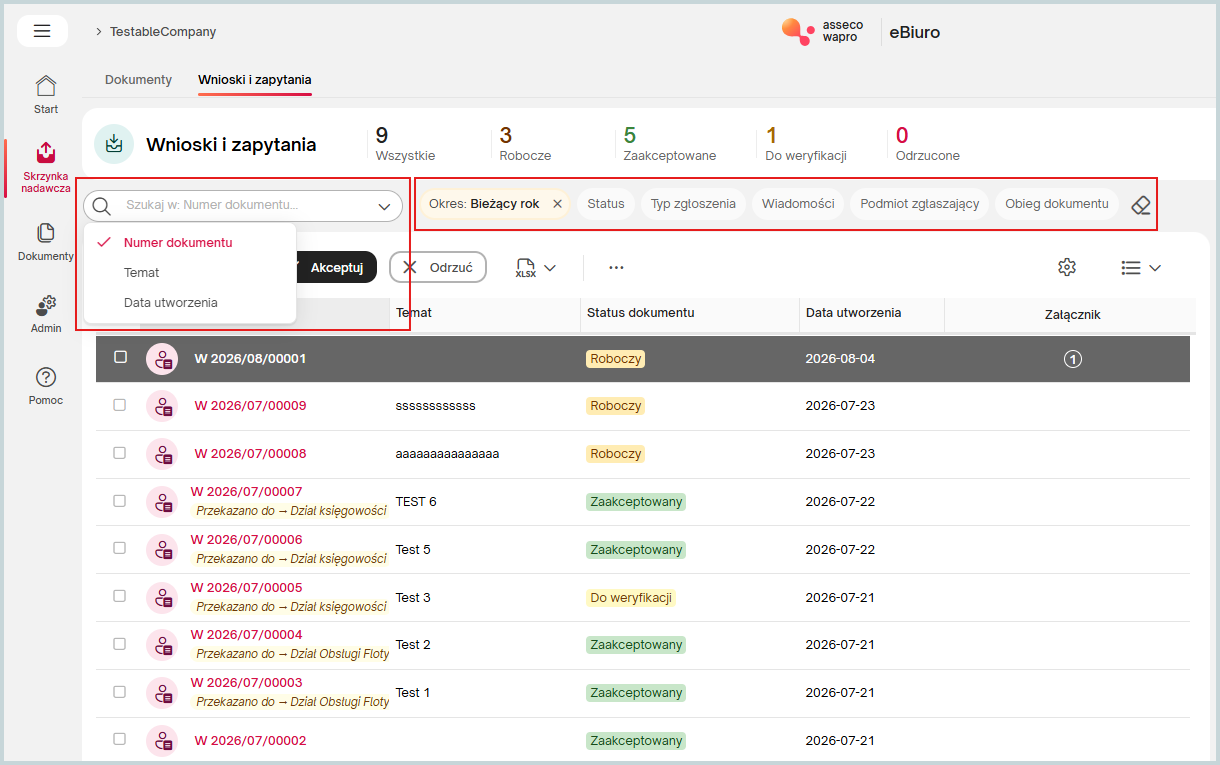 Wapro eBiuro – lista wniosków i zapytań z filtrowaniem zgłoszeń, obsługą workflow, akceptacją dokumentów oraz komunikacją między klientem a biurem rachunkowym