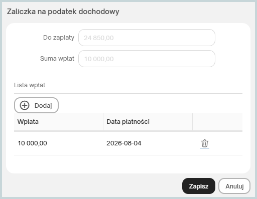 Rejestrowanie wpłaty zaliczki na podatek dochodowy w eBiuro – ewidencja płatności podatkowych, kontrola kwoty do zapłaty oraz monitorowanie rozliczeń podatkowych firmy