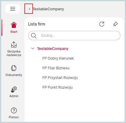 Lista firm i działów w eBiuro – wybór firmy, przełączanie pomiędzy spółkami i jednostkami organizacyjnymi oraz dostęp do dokumentów i procesów zintegrowanych z Wapro ERP
