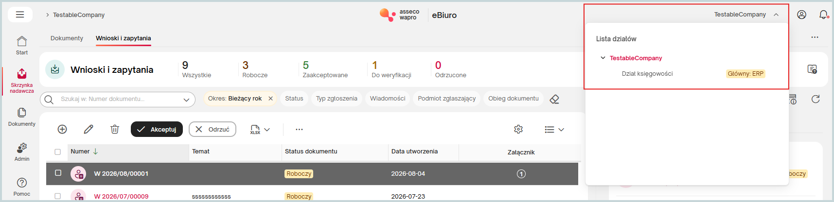Wybór działu firmy w module Wnioski i zapytania eBiuro – przełączanie kontekstu pracy pomiędzy działami, obsługa zgłoszeń oraz zarządzanie komunikacją z biurem rachunkowym w integracji z Wapro ERP