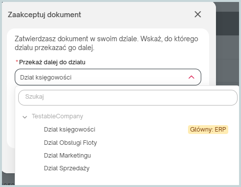 Akceptacja dokumentu w eBiuro z przekazaniem do kolejnego działu firmy – wybór jednostki organizacyjnej w procesie obiegu dokumentów, akceptacji faktur KSeF i integracji z Wapro ERP