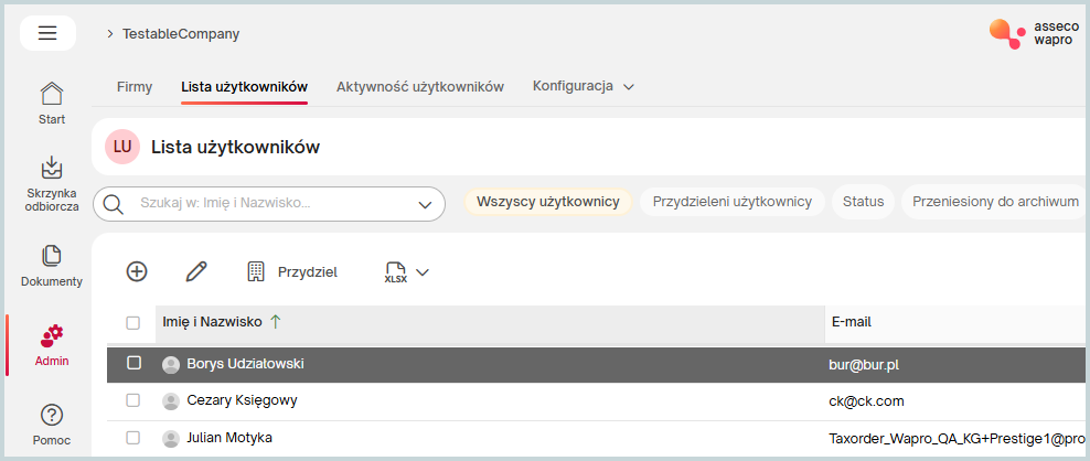Lista użytkowników w Portalu Księgowego i Klienta eBiuro umożliwiająca zarządzanie kontami użytkowników, przydział uprawnień oraz administrację dostępem do danych firmy