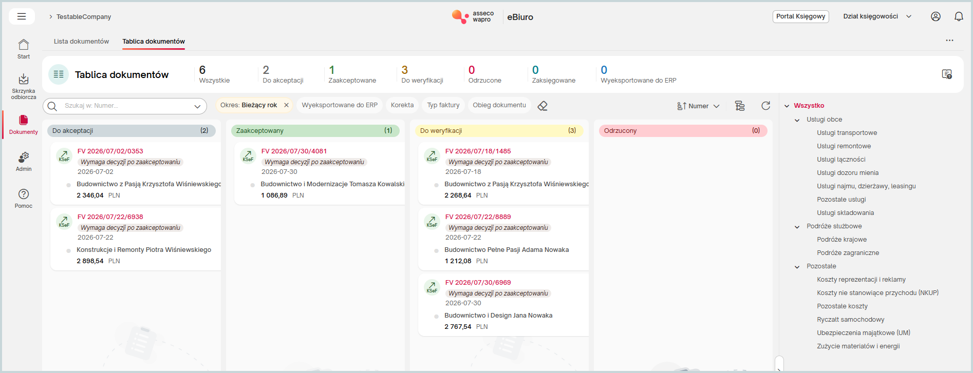 Wapro eBiuro – tablica dokumentów Kanban z obiegiem faktur KSeF, akceptacją dokumentów, weryfikacją kosztów, eksportem do ERP oraz klasyfikacją kosztów księgowych