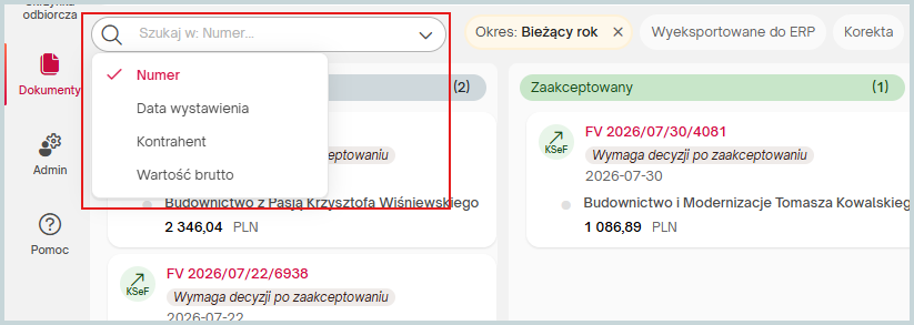 Wyszukiwanie dokumentów w eBiuro – filtrowanie faktur według numeru dokumentu, daty wystawienia, kontrahenta i wartości brutto w elektronicznym obiegu dokumentów zintegrowanym z Wapro ERP
