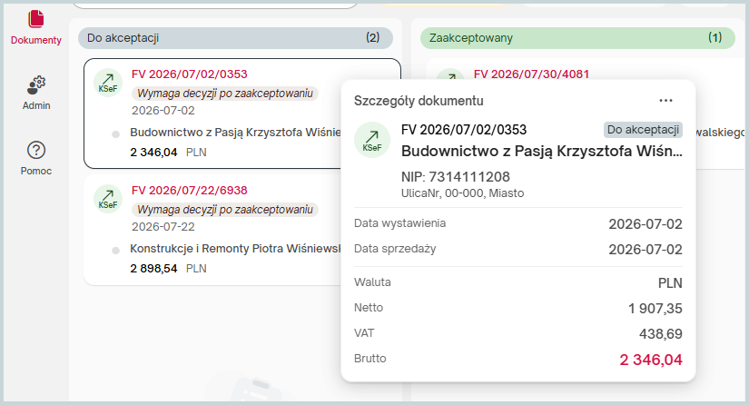 Szczegóły faktury KSeF w eBiuro – podgląd danych dokumentu, kontrahenta, kwot netto i brutto oraz statusu akceptacji dokumentu w elektronicznym obiegu dokumentów zintegrowanym z Wapro ERP