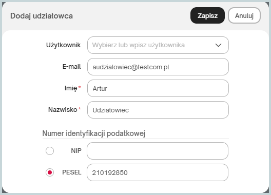 Wapro eBiuro – dodawanie udziałowca do firmy, konfiguracja danych właściciela oraz przypisanie udziałowca w strukturze organizacyjnej