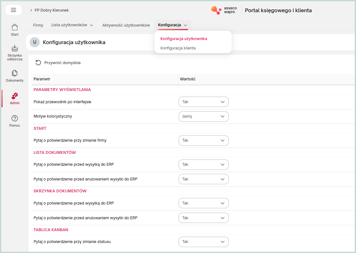 Wapro eBiuro – konfiguracja użytkownika, ustawienia interfejsu, parametrów dokumentów, tablicy Kanban oraz integracji z ERP