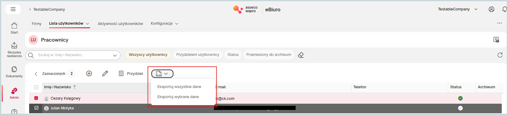Wapro eBiuro – eksport listy użytkowników do pliku Excel (XLSX), eksport wybranych lub wszystkich danych użytkowników systemu