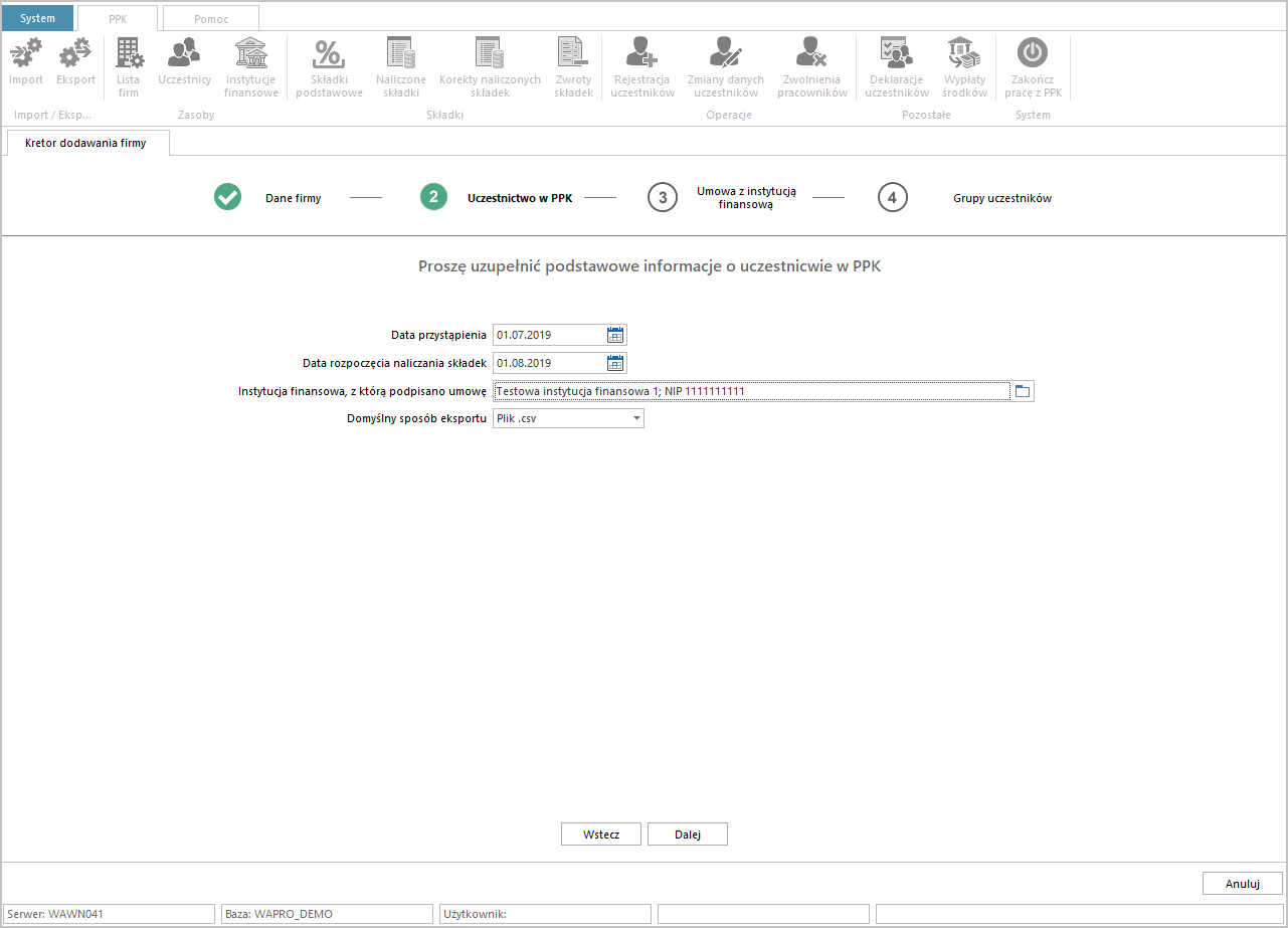 Wprowadzenie podstawowych informacji o uczestnictwie firmy w PPK