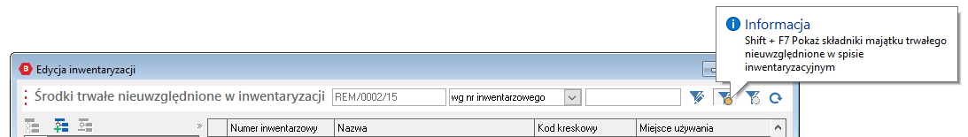 WAPRO Best. Przycisk - Pokaż składniki majątku trwałego nieuwzględnione w spisie inwentaryzacyjnym