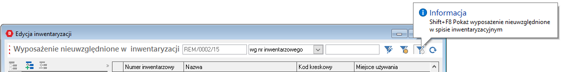 WAPRO Best. Przycisk - Pokaż składniki majątku trwałego nieuwzględnione w spisie inwentaryzacyjnym