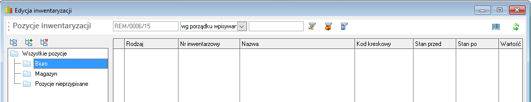 WAPRO Best. Okno inwentaryzacji - gałąź &quot;Pozycje nieprzypisane&quot;