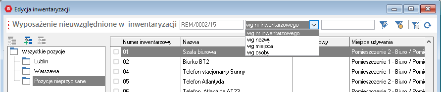 WAPRO Best.  Okno Edycja inwentaryzacji - przypisywanie pozycji inwentaryzacyjnych
