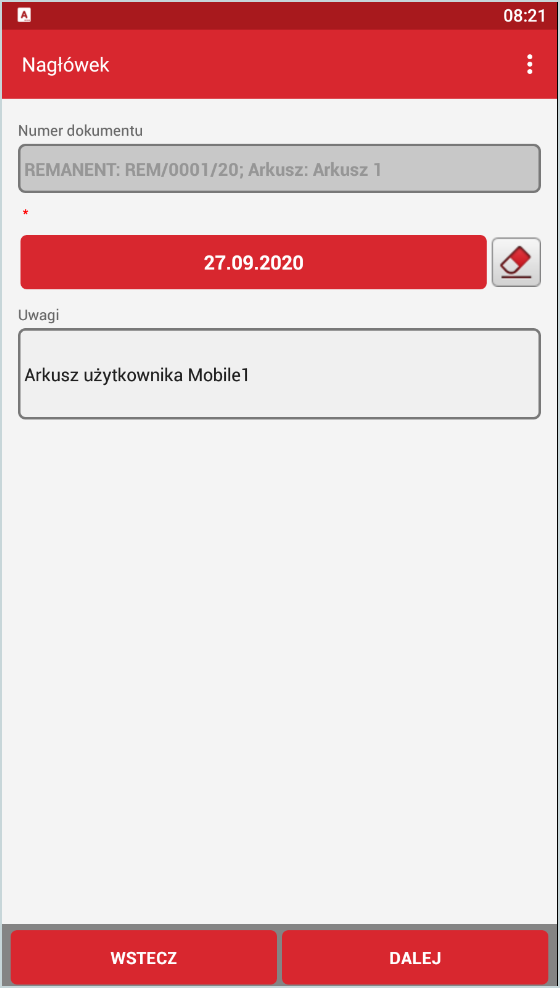 Edycja nagłówka arkusza spisu z natury w Wapro Mobile ST – zarządzanie numerem dokumentu, datą inwentaryzacji oraz opisem arkusza inwentaryzacyjnego