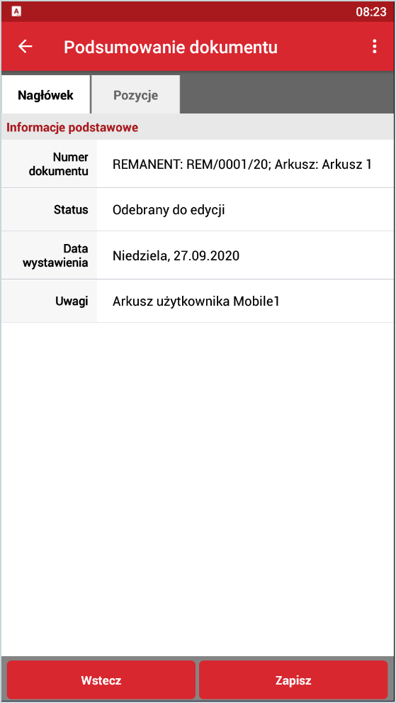 Podsumowanie dokumentu inwentaryzacyjnego w Wapro Mobile ST – weryfikacja danych arkusza spisu z natury przed zapisaniem i synchronizacją z Wapro Best