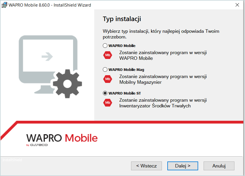 Instalacja Wapro Mobile ST do inwentaryzacji środków trwałych w Wapro Best – wybór modułu Inwentaryzator Środków Trwałych podczas konfiguracji programu mobilnego