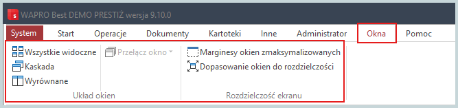 Ustawienia okien w Wapro Best, zarządzanie układem okien, kaskadowanie, wyrównywanie oraz dopasowanie rozdzielczości ekranu