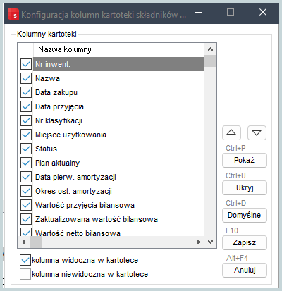 Konfiguracja kolumn kartoteki składników majątku w Wapro Best - ustawianie widoczności, kolejności i szerokości kolumn ewidencji środków trwałych