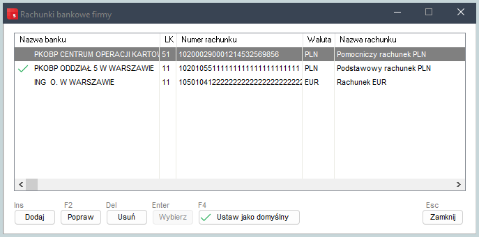 Zarządzanie rachunkami bankowymi firmy w Wapro Best, dodawanie kont bankowych, wybór rachunku domyślnego oraz konfiguracja walut rozliczeniowych