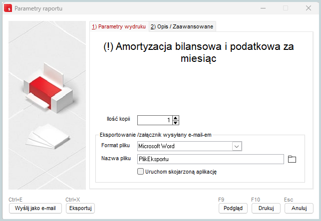 Wapro Best raport amortyzacji bilansowej i podatkowej za miesiąc, drukowanie zestawienia amortyzacji oraz eksport raportu do Microsoft Word i e-mail