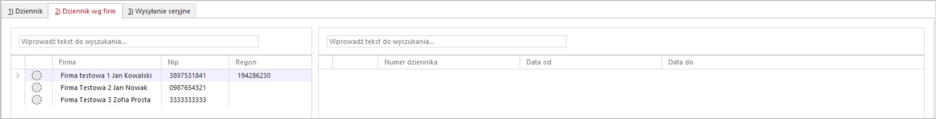 WAPRO JPK. Polecenie &quot;Lista firm&quot;, kreator dodawania firmy. Dodane firmy w sekcji wyboru