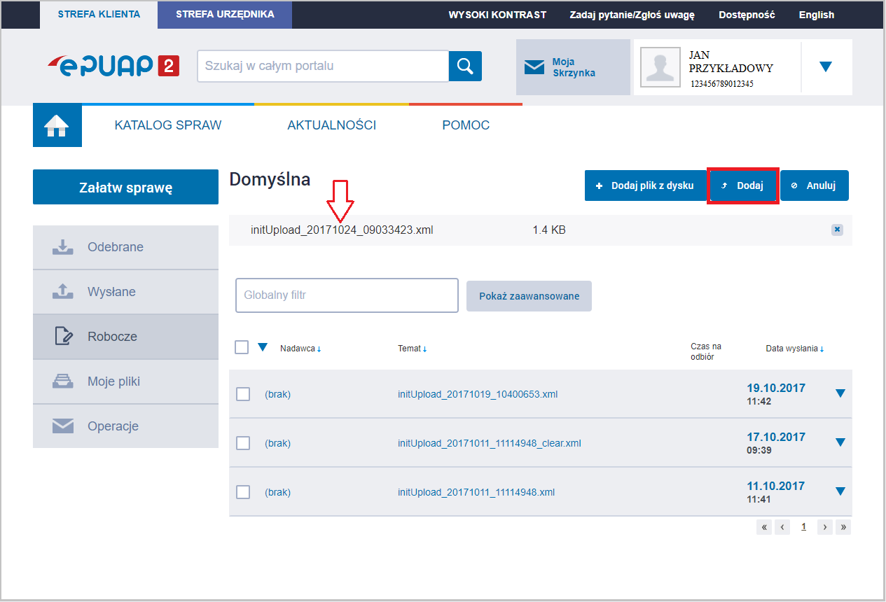 WAPRO JPK. Portal e-PUAP - widok skrzynki, przycisk &quot;Dodaj&quot;