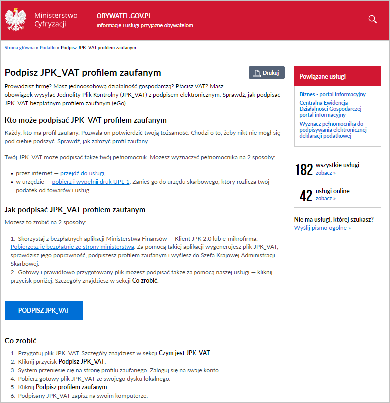 WAPRO JPK. Portal obywatel.gov.pl, ekran &quot;Podpisz JPK_VAT profilem zaufanym&quot;