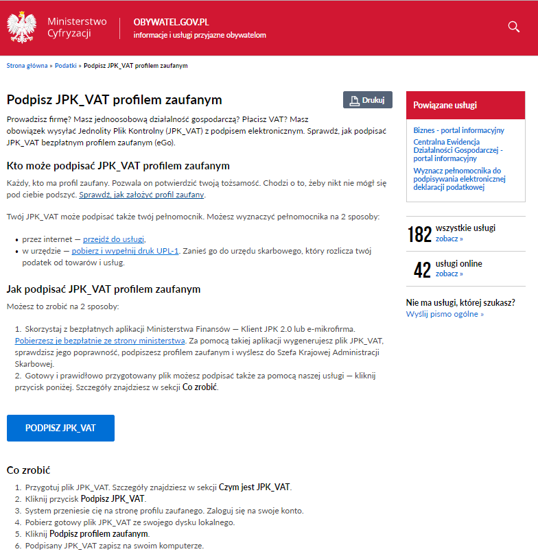 WAPRO JPK. Portal obywatel.gov.pl, ekran &quot;Podpisz JPK_VAT profilem zaufanym&quot;