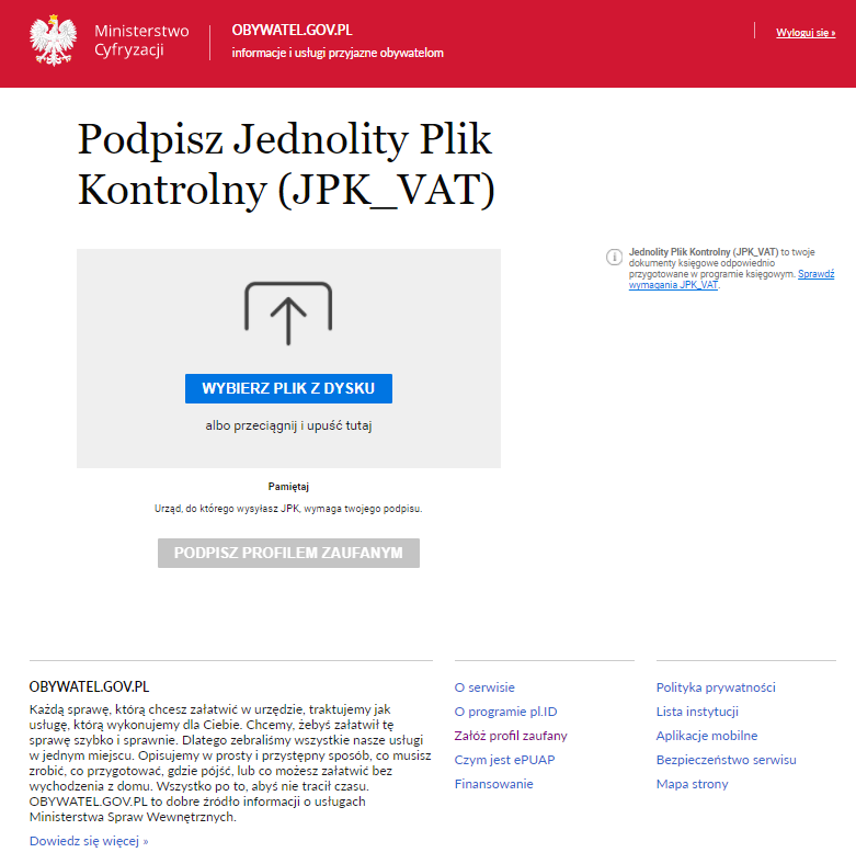 WAPRO JPK. Portal obywatel.gov.pl, okno wysyłania pliku do podpisu