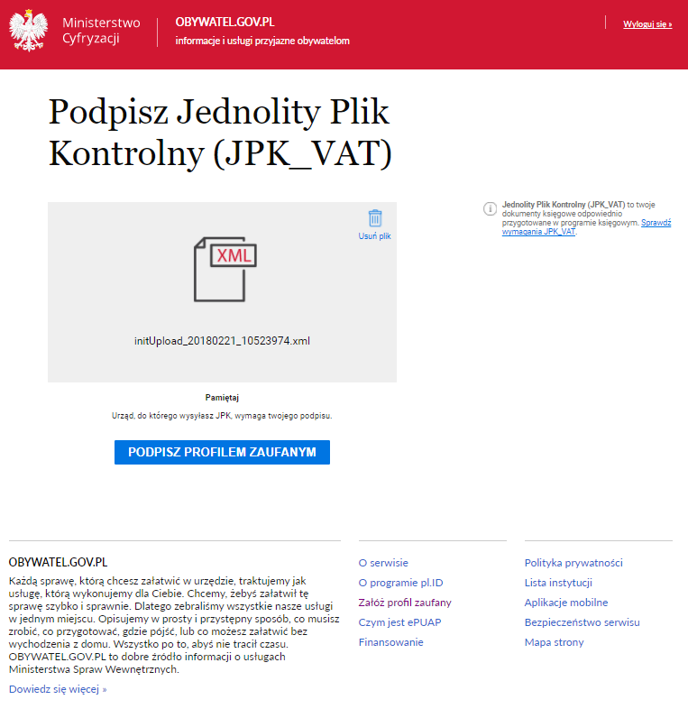 WAPRO JPK. Portal obywatel.gov.pl, pozytywna weryfikacja pliku