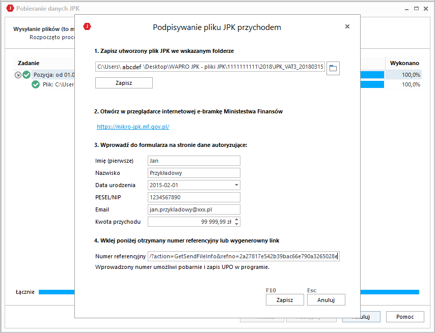 WAPRO JPK. Formatka &quot;Podpisywanie pliku JPK przychodem&quot;, w polu &quot;Numer referencyjny&quot; wklejony link z wiadomosci mail do odbioru UPO