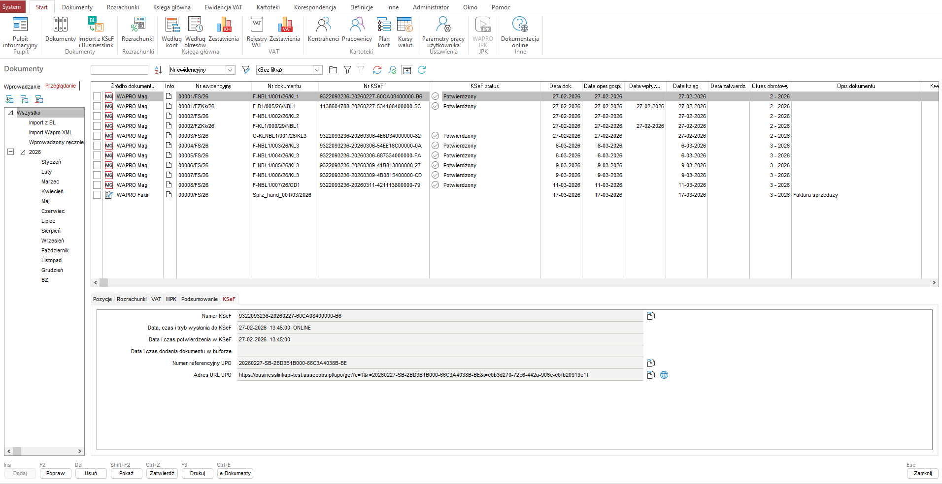 Wapro Fakir - Kartoteka dokumentów - zaimportowane dokumenty KSeF