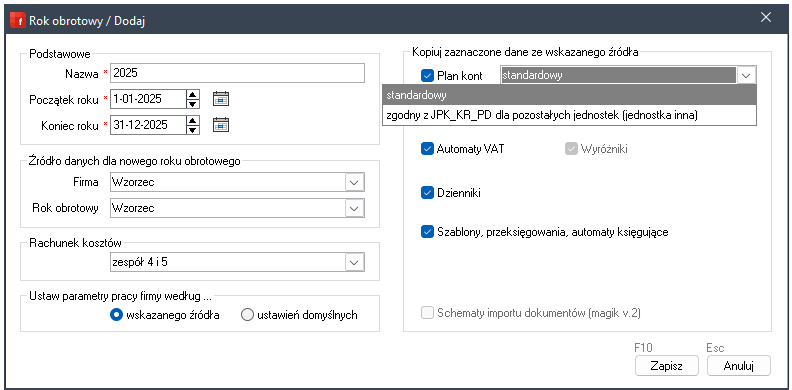 Wapro - Fakir - Formatka &quot;Rok obrotowy / Dodaj&quot; - wybór systemowego planu kont