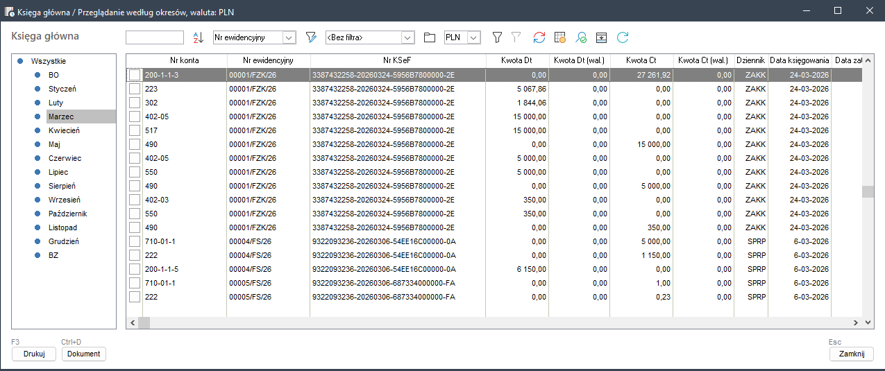 Wapro Fakir - Kartoteka "Księga główna - widoczna kolumna "Numer KSeF""