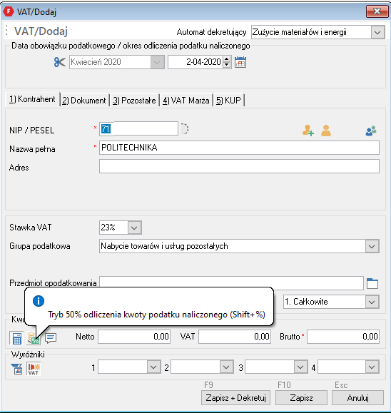 WAPRO Fakir. Okno - VAT / Dodaj, przycisk przełączania trybu pracy na &quot;Tryb 50% odliczenia kwoty podatku naliczonego&quot;