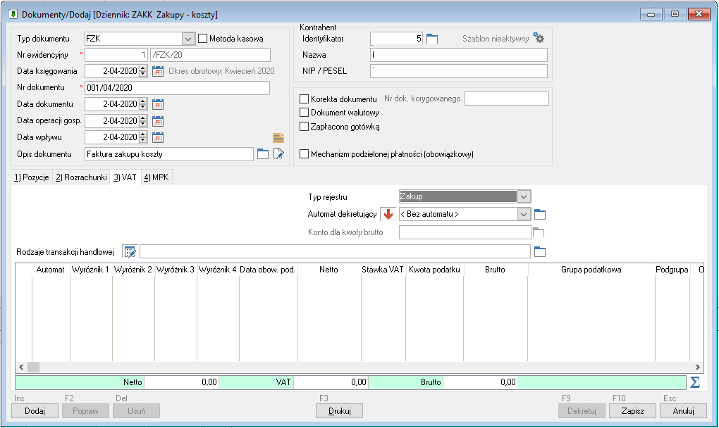WAPRO Fakir. Okno - Dokumenty / Dodaj, zakładka: &quot;3) VAT&quot;, włączona opcja automatów dekretujących