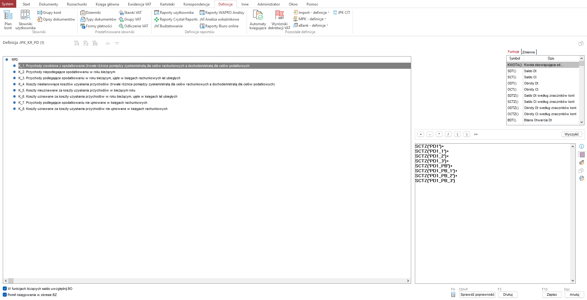 Sekcja RPD - definiowanie algorytmów obliczeniowych kwot