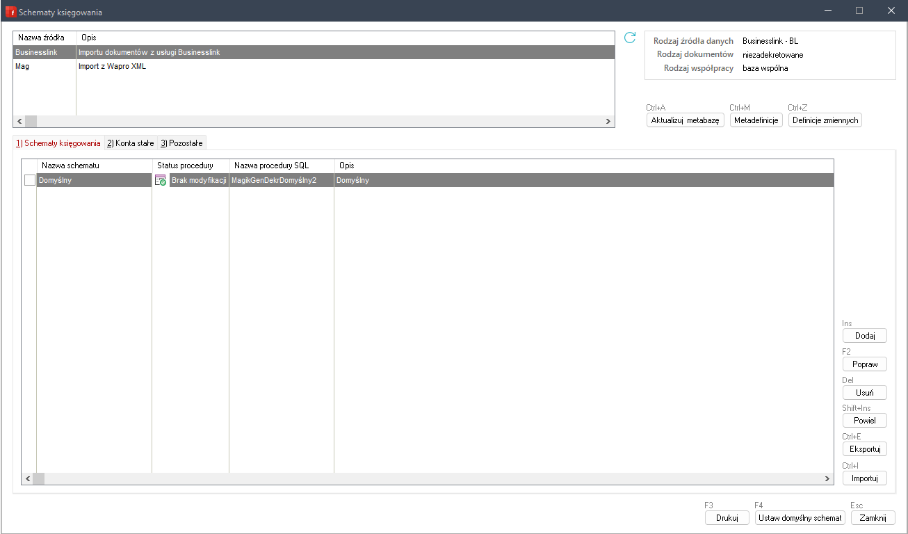 WAPRO Fakir. Importer dokumentów - okno "Schematy księgowania"