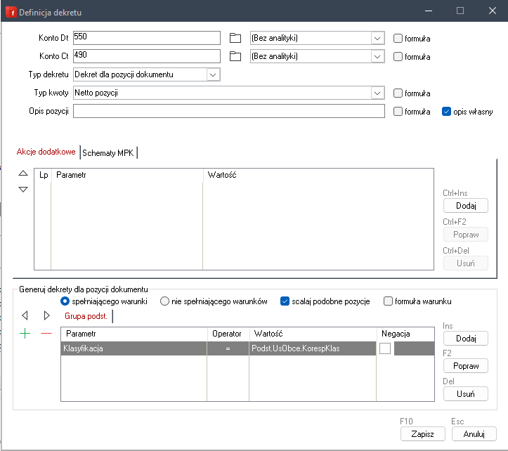 WAPRO Fakir. Importer dokumentów - okno "Definicja dekretu" - przykład definicji na zespół 5