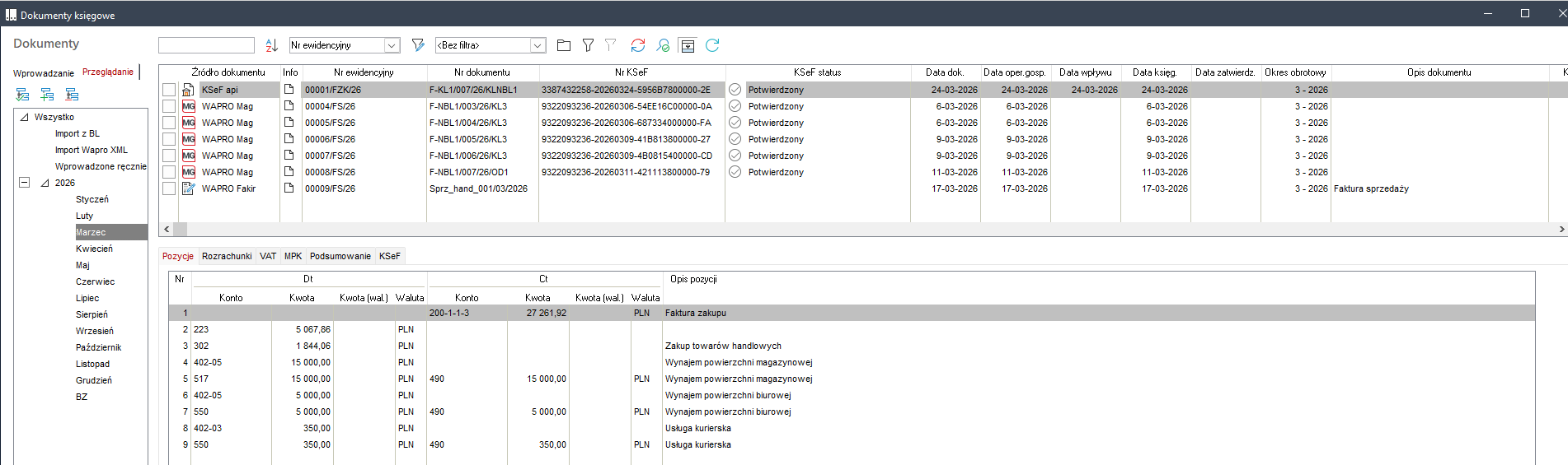 Wapro Fakir - Okno przegladarki "Dokumenty księgowe" - przykład zaimportowanego dokumentu