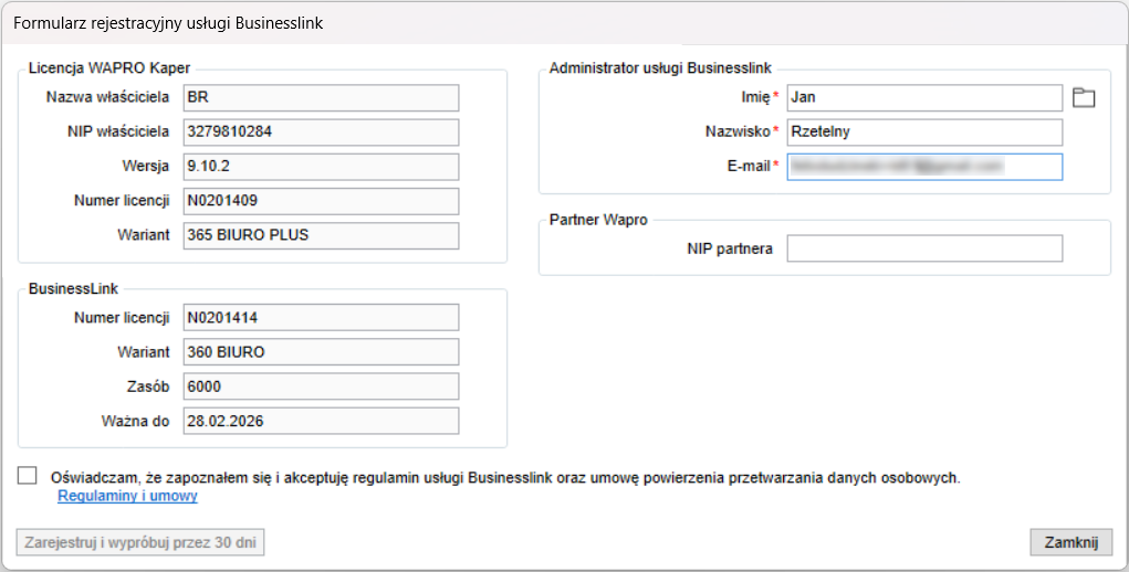 WAPRO Fakir. Okno - Formularz rejestracyjny usługi Businesslink