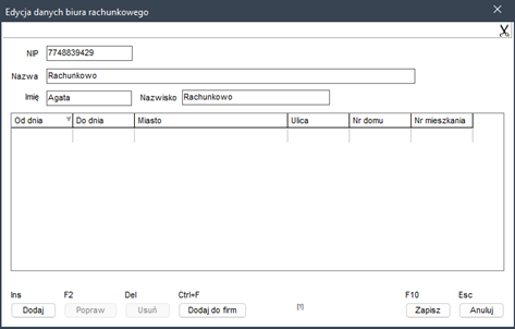 WAPRO Kaper. Okno - edycja danych biura rachunkowego