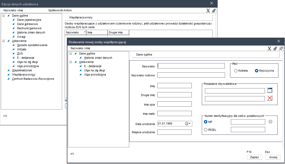 WAPRO Kaper. Okno - Dane nowej osoby współpracującej
